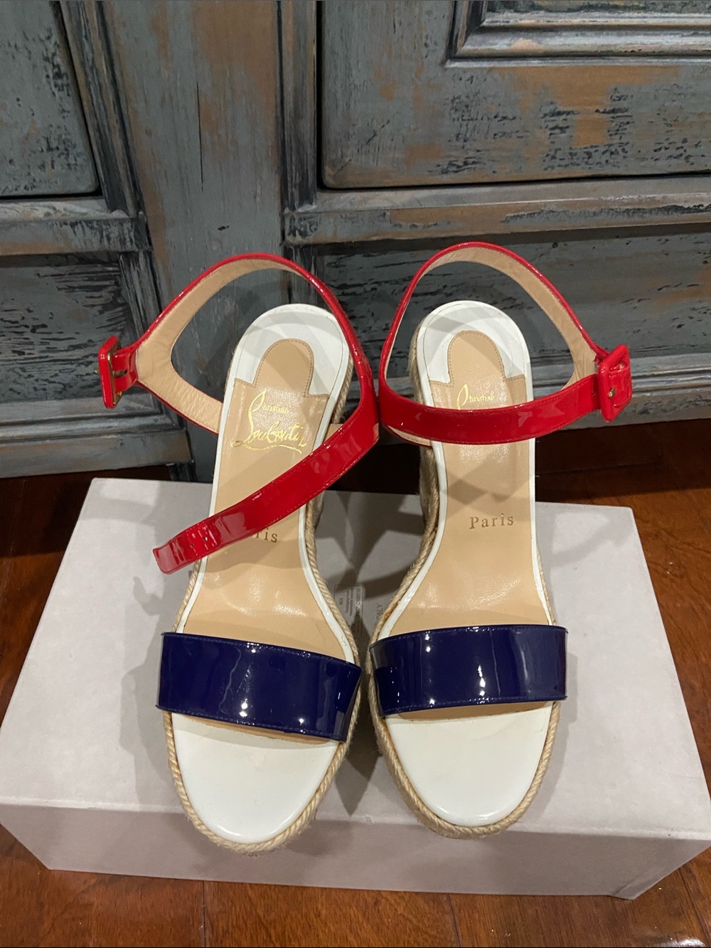 Christian Louboutin Red and Navy Patent Espadrille Sandals